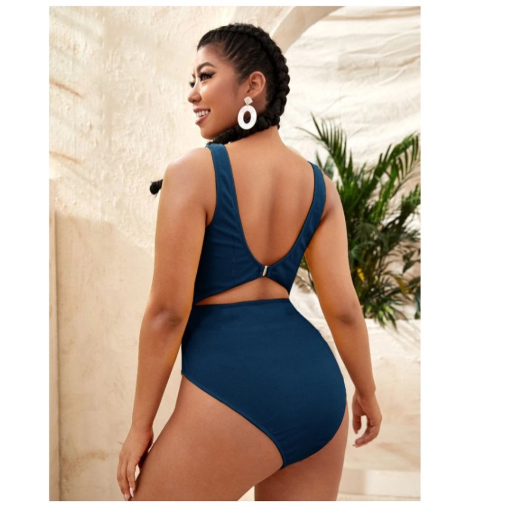 Blue Rib Knot Front One Piece Swimsuit - Picture 3 of 4